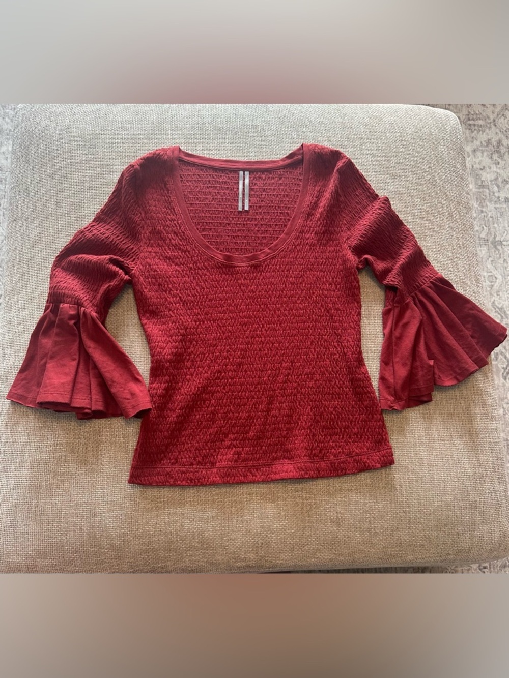 Anthropologie Red Smocked Scoop Neck Long Sleeve Top
